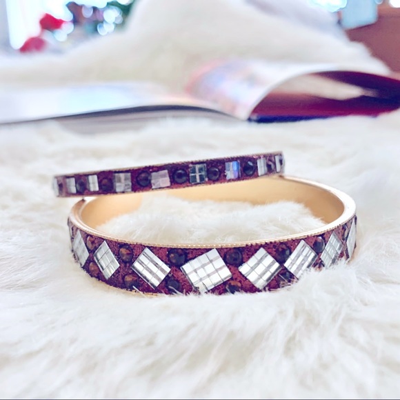Gorgeous & Sparkly Rose Gold Bangles Red w/Unique Silver Baguettes Bracelet Set - Picture 1 of 17